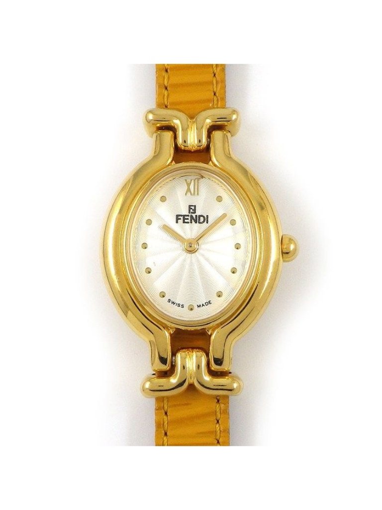 Fendi Watch Chameleon Change Oval Silver Guilloche Dial Yellow Calf Leather